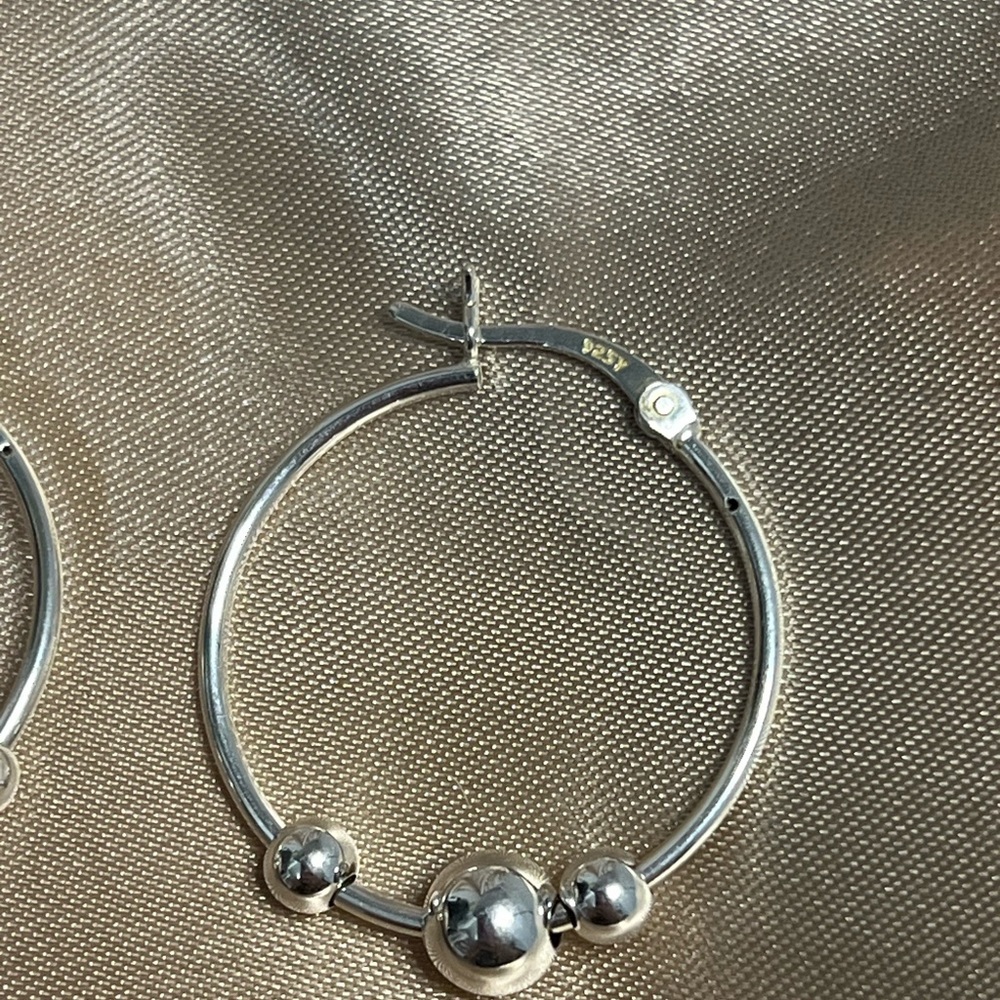 Sterling Silver Three 3 Ball Bead Hoop Earrings Classic Everyday Hoops - Picture 3 of 8
